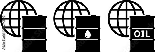 世界と原油ドラム缶の白黒シンプルアイコン（Global Oil Barrel Black and White Icon）
