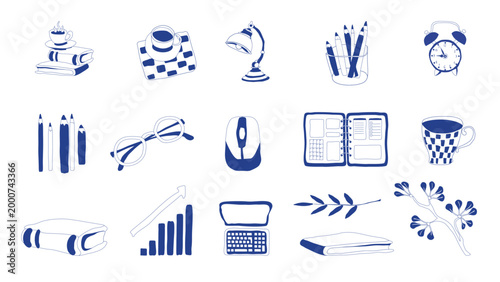 Business productivity icons set with planner, notebook, coffee, alarm clock, desk lamp, keyboard and growth chart, hand drawn mediterranean style, clean line collection