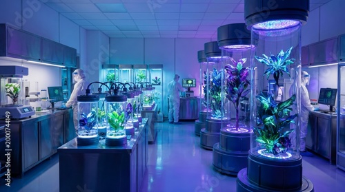 Genetic engineering lab with glowing plant terrariums and scientists