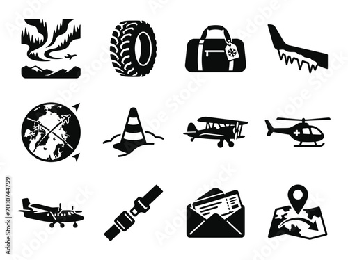 Adventure Flight And Remote Airport Silhouette Icon Set