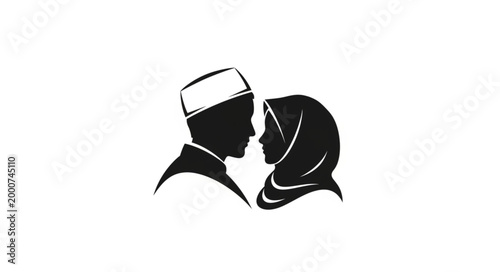 Silhouette of a Muslim Couple in Love, Facing Each Other.