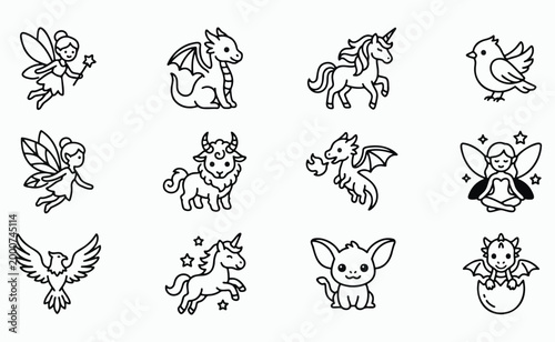 Cute Mythical Creatures and Fantasy Icons Line Art Collection