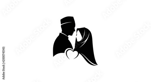 Silhouette of a Muslim Couple in Love with a Heart Symbol.