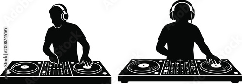   
Black silhouette illustration of two DJs wearing headphones operating turntables and mixers representing music mixing and live performance creativity