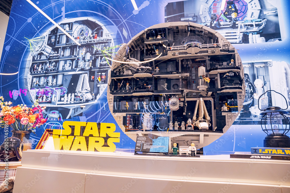 Obraz premium 19 October 2025, Belgrade, Serbia: Detailed LEGO Star Wars Death Star toy model showing multiple interior scenes with minifigures on an exhibition stand