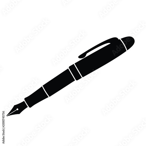 Elegant black silhouette of a classic fountain pen with a visible nib and cap clip, angled for writing.