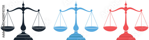Three stylized scales of justice with different designs and colors, legal balance symbols, law and fairness concept, justice and equality icons, modern vector illustration for courts, legal apps, and 