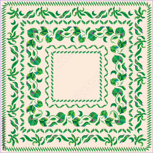 Set of vector floral seamless border patterns from tropical leaves on a beige background. 6 pattern brushes in the brush palette
