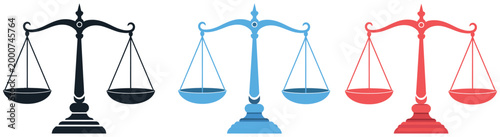 Scales of justice icon set with three variations, colorful legal balance symbols, law and fairness concept, clean vector design elements for legal services, courtroom visuals, and justice-related appl