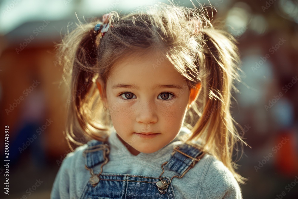 Fototapeta premium Child in denim overalls 1990s retro style