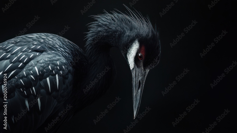 Fototapeta premium Black Crane Portrait Against Dark Background