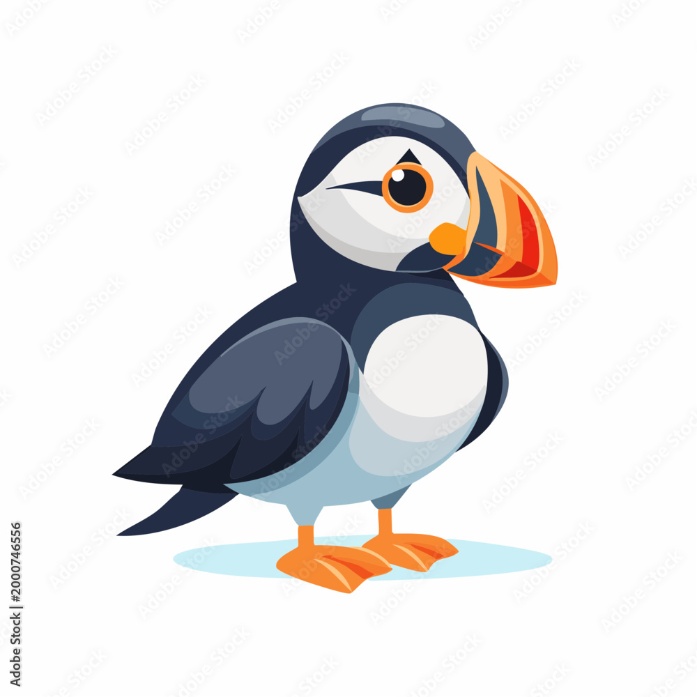 Fototapeta premium Cartoon puffin standing on ice ground.