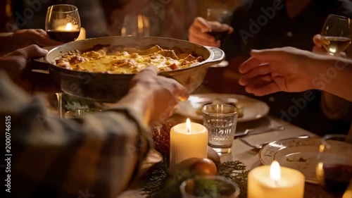 Handing dish fresh from oven, plaid shirt hand to print blouse over dinner table serving meal