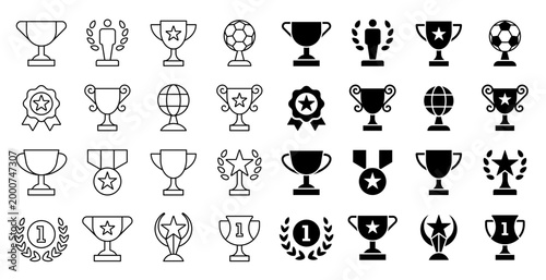 Set of Winning and Trophy Outline and flat Vector Icons