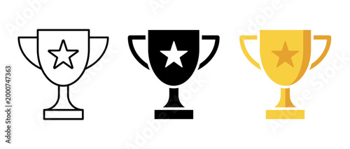 Trophy cup Outline, flat black and gold icon representing victory and achievement. success, award and winning business or sports symbol for any design