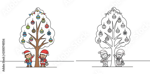 Happy Children in Santa Hats Beside a Decorated Christmas Tree - Festive Holiday Scene