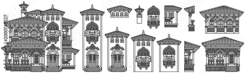 Set of separate mediterranean luxury villas in black outline style. Vector line art collection of houses with terracotta roofs, ornate balconies and detailed facades