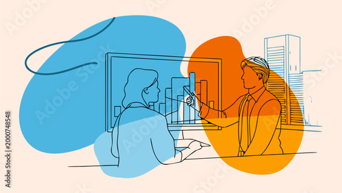 Minimalist continuous line drawing with blue and orange shapes showing people working at desks. Trendy artistic style for modern business blog and website headers.