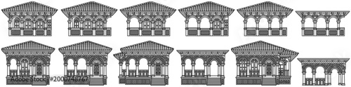 Set of separate mediterranean luxury villas in black outline style. Vector line art collection of houses with terracotta roofs, ornate balconies and detailed facades