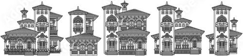 Set of separate mediterranean luxury villas in black outline style. Vector line art collection of houses with terracotta roofs, ornate balconies and detailed facades
