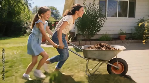 Running girl in blue dress pushing mom in striped tee, jeans, steering wheelbarrow to garden