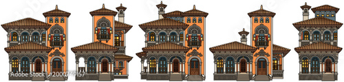 Set of separate mediterranean luxury villas with terracotta roofs, ornate balconies and detailed facades. Vector architectural collection on a light background