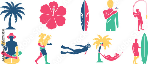 Palm tree hibiscus flower surfboard people surfing relaxing and playing silhouette vector illustration with hibiscus surfboard vacation silhouette vector illustration