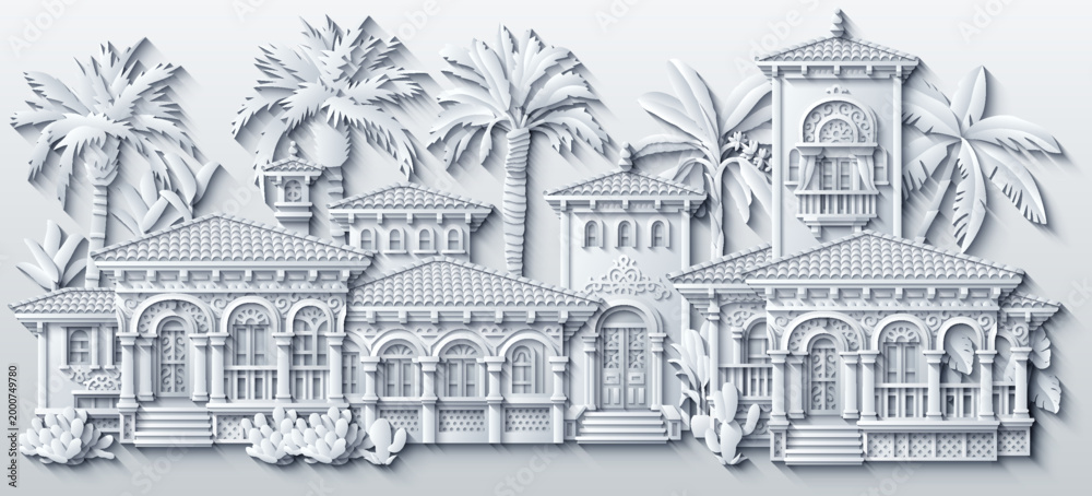 Obraz premium White paper cut style vector illustration of a luxury mediterranean villa with ornate balconies, terracotta roofs and tropical plants. Elegant 3D house design.