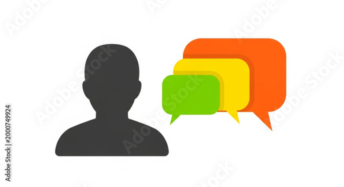 Silhouette of a person with colorful speech bubbles representing communication.