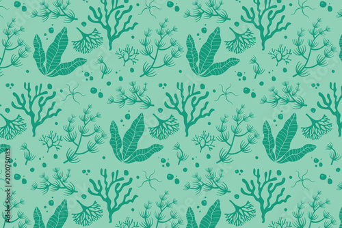 Teal seamless pattern with underwater sea plants and corals, underwater