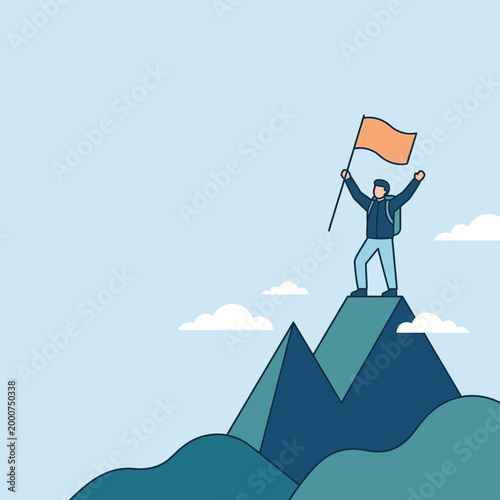 Conceptual Vector Illustration of a Climber Reaching the Mountain Summit Holding a Flag Representing Success, Achievement, and Leadership Goals