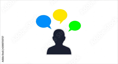 Silhouette of a person with colorful speech bubbles above their head symbolizing communication and ideas.