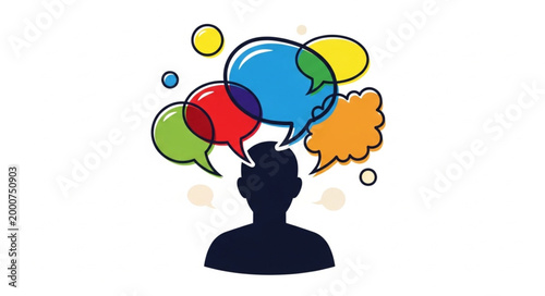 Silhouette of a person with colorful speech bubbles and a globe representing communication and ideas.