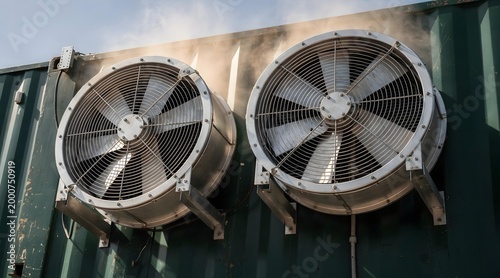 Large industrial exhaust fans on cryptocurrency mining container with heat haze and metallic surfaces
