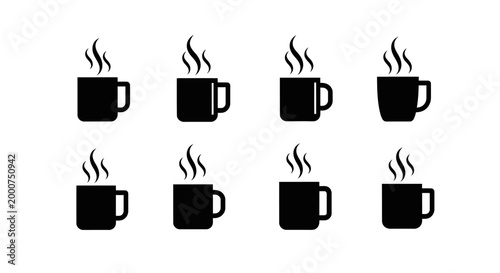 collection of steaming coffee mugs simple flat black icons on white background representing different shapes and sizes hot beverages warmth comfort cozy morning ritual