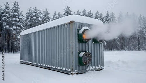 Cryptocurrency mining container in snowy landscape with steam rising from cooling vents