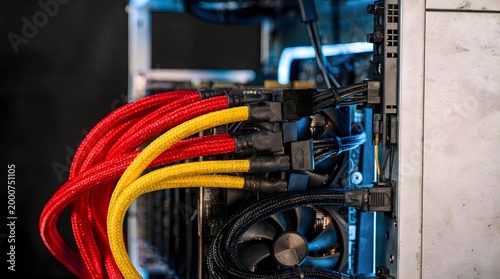 Power supply units and cables in cryptocurrency mining rig with colorful cable management
