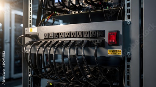 Power distribution unit in crypto mining facility with industrial circuit breakers and thick power cables