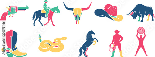 Wild west and cowboy elements pistol horse rider bull skull cowboy hat bull cowboy boots guitar silhouette vector illustration with ranching silhouette vector illustration