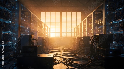 Sunrise light streaming through window into cryptocurrency mining facility contrasting with blue LED glow