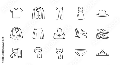 Fashion Icons: Clothing and Accessories Line Art Vector Set