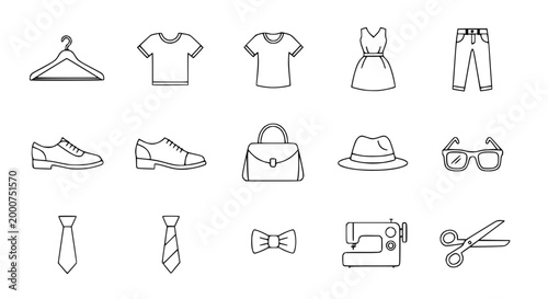 Fashion Icons: Clothing, Accessories, and Sewing Machine Line Art