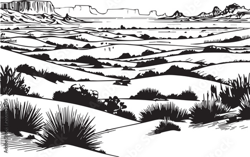 Desert landscape panorama, vector illustration. Line sketch.
