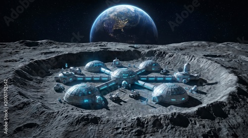 futuristic lunar colony base with earthrise in space exploration concept