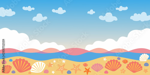 beach scene with colorful shells starfish and pastel sky high quality professional detailed modern elegant
