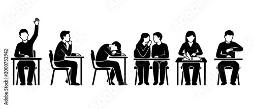 Students in classroom icon set, diverse school behaviors and learning activities, vector illustration of pupils sitting at desks, raising hand, sleeping, whispering, studying, and checking time.
