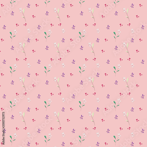 Fotografie Handdrawn dainty floral and heart seamless pattern on dusty pink background