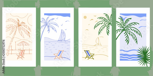four minimalist summer themed cards with beach scenes and palm trees high quality professional detailed