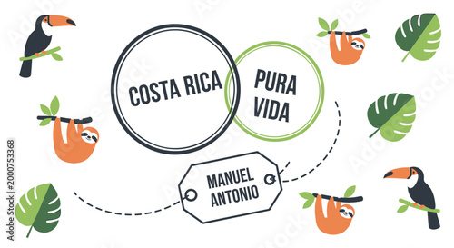 Costa Rica travel icons, Pura Vida, Manuel Antonio, tropical vector graphics