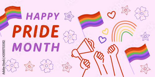 happy pride month illustration with rainbow flags hearts and flowers high quality professional detailed modern